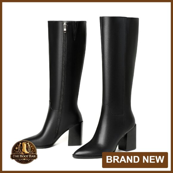 Shoes - Women's Knee-High Boots Pointed Toe Block Heel Zipper Retro Fashion